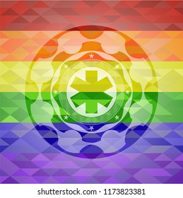 emergency cross icon on mosaic background with the colors of the LGBT flag
