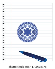 emergency cross icon pen emblem. Blue ink. Vector Illustration. Detailed.