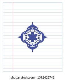 emergency cross icon pen strokes emblem. Blue ink. Vector Illustration. Detailed.