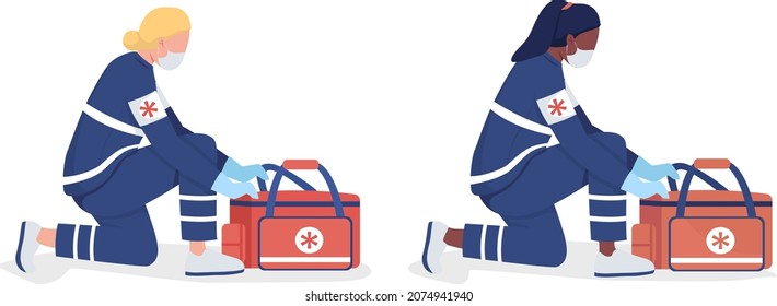 Emergency department personnel semi flat color vector characters set. Full body people on white. Packaging survival kit isolated modern cartoon style illustrations for graphic design and animation