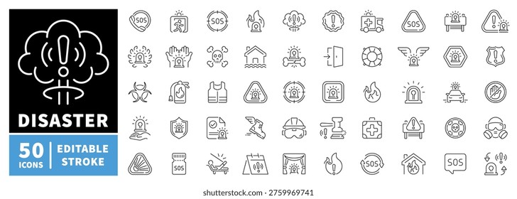 Conjunto de iconos de contorno de emergencia y desastre: iconos de línea delgada de trazo editable para respuesta a crisis