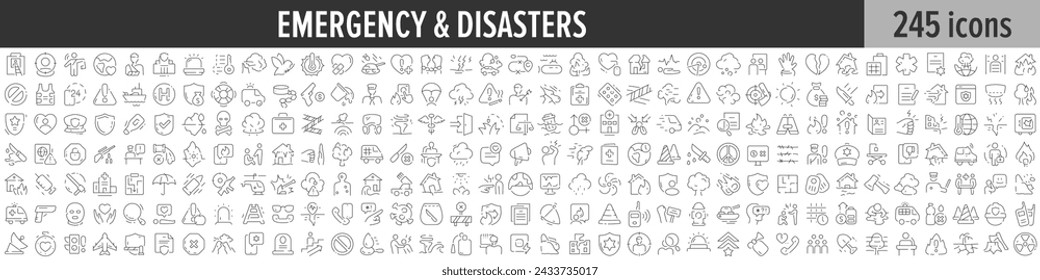 Lineare Icon-Sammlung für Notfälle und Katastrophen. Großes Set von 245 Notfall- und Katastrophen-Icons. Sammlung dünner Liniensymbole. Vektorgrafik