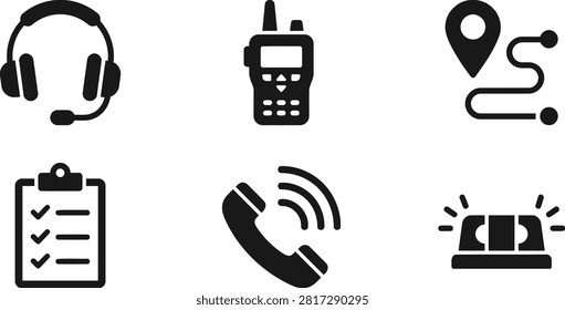 Emergency dispatch and call center icon set black silhouettes vector illustration, customer service communication flat icons isolated