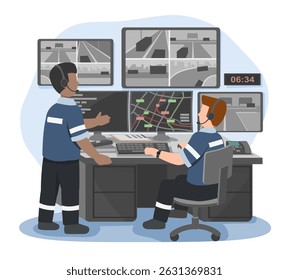 Emergency dispatch operators monitoring city traffic and coordinating real-time response from a control room filled with surveillance screens at early morning hours