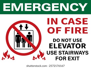 Emergency, Do not use elevator in case of fire. Isolated on white background. Use for bander, sticker and labal.