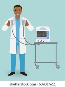 Emergency doctor with a defibrillator in his hand is ready to influence. Medical employee. Hospital staff. Doctor specialization concept. Vector illustration..