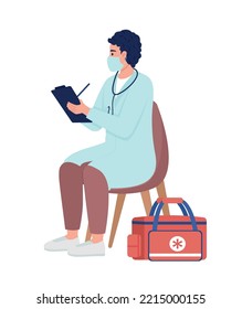 Emergency doctor examining patient semi flat color vector character. Editable figure. Full body person on white. Aid simple cartoon style illustration for web graphic design and animation