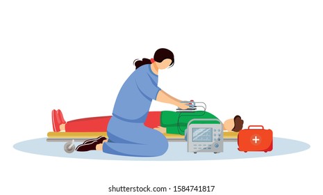 Emergency doctor giving first aid with defibrillator flat illustration. Paramedic, medic and injured patient cartoon characters. Reanimation, urgency care medical specialist, rescuer isolated on white