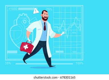 Emergency Doctor Run With Medicine Box First Aid Medical Clinics Worker Hospital Flat Vector Illustration