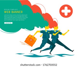 Emergency doctors rushes to rescue. Medical banner. Paramedic in uniform with medical box and paramedic with oxygen mask . Emergency doctors do their job. Vector flat illustration