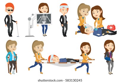 Emergency doctors transporting victim after accident on stretcher. Emergency doctors carrying injured woman on medical stretcher. Set of vector flat design illustrations isolated on white background.