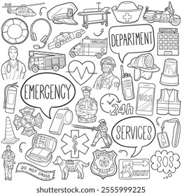 Emergency Doodle Icons Black and White Line Art. Essential Workers Clipart Hand Drawn Symbol Design.