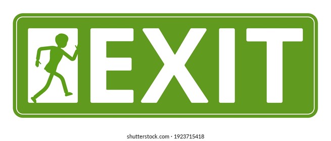 Emergency door exit sign, green safety evacuation indicator. Running man pictorial international representation, arrow showing the escape route, public facility. Vector flat style cartoon illustration