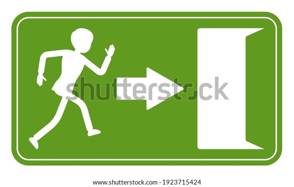 Emergency door exit sign, green safety\
evacuation indicator. Running man pictorial international\
representation, arrow showing the escape route, public facility.\
Vector flat style cartoon\
illustration