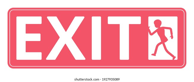 Emergency door exit sign, red safety evacuation indicator. Running man pictorial international representation, arrow showing the escape route, public facility. Vector flat style cartoon illustration