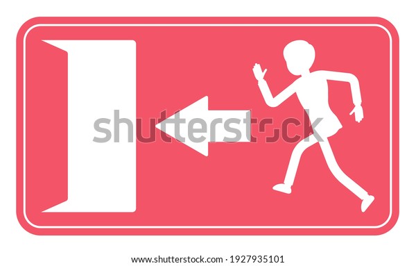 Emergency door exit sign, red safety\
evacuation indicator. Running man pictorial international\
representation, arrow showing the escape route, public facility.\
Vector flat style cartoon\
illustration