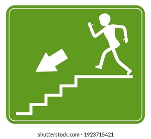 Emergency down stairs exit sign, green safety evacuation indicator. Running man pictorial international representation, arrow showing escape route, public place. Vector flat style cartoon illustration