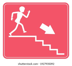 Emergency down stairs exit sign, red safety evacuation indicator. Running man pictorial international representation, arrow showing escape route, public place. Vector flat style cartoon illustration