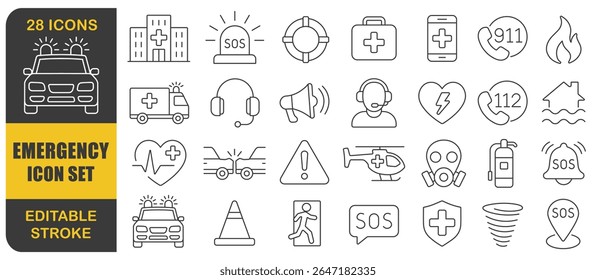 Emergency editable stroke line icon set. Simple minimal thin Emergency line icons collection. Related SOS, safety, alarm, ambulance, hospital warning. Vector illustration. Isolated on white background