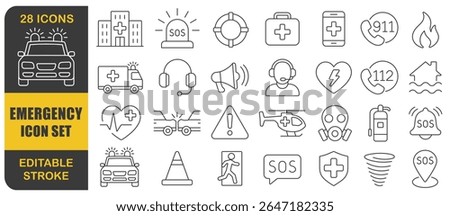 Emergency editable stroke line icon set. Simple minimal thin Emergency line icons collection. Related SOS, safety, alarm, ambulance, hospital warning. Vector illustration. Isolated on white background