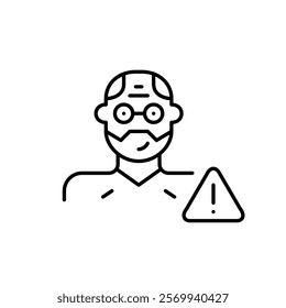 Emergency elderly warning. A grandma alongside a triangle with an exclamation mark, signifying an urgent situation involving senior person. Pixel perfect vector icon