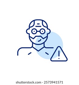 Emergency elderly warning. A grandma alongside a triangle with an exclamation mark, signifying an urgent situation involving senior person. Pixel perfect, editable stroke icon