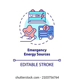 Emergency energy sources concept icon. Electricity generation abstract idea thin line illustration. Isolated outline drawing. Editable stroke. Roboto-Medium, Myriad Pro-Bold fonts used