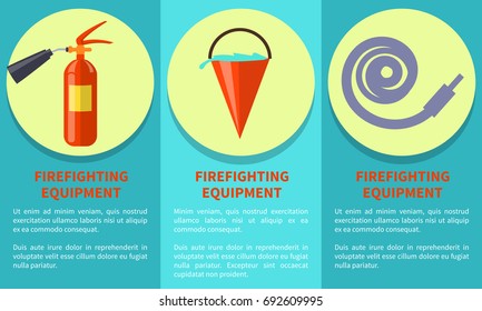 Emergency equipment collection for fire protection vector colorful poster poster of red extinguisher, bucket with water and fire hose