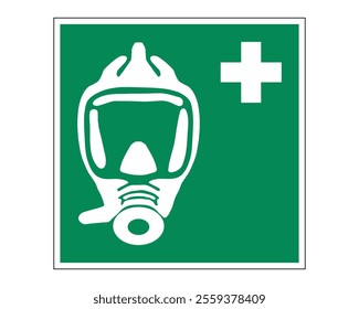 Emergency Escape Breathing Device Sign Featuring a Green Background with White Full-Face Respirator Mask and Cross, Indicating the Presence of an Emergency Breathing Device, Available as a Vector File