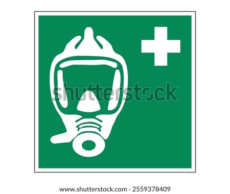 Emergency Escape Breathing Device Sign Featuring a Green Background with White Full-Face Respirator Mask and Cross, Indicating the Presence of an Emergency Breathing Device, Available as a Vector File