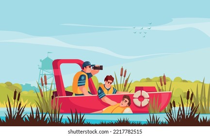 Emergency escape cartoon poster with rescue workers saving man from water vector illustration