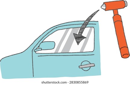Emergency escape hammer and car side window to break glass for flooded car rescue: 2-color simple vector illustration for disaster prevention guide and auto safety manual.