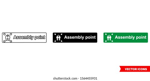Emergency escape label assembly point icon of 3 types: color, black and white, outline. Isolated vector sign symbol.