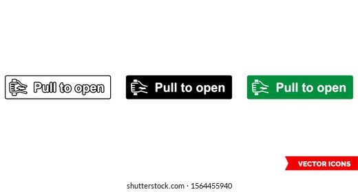 Emergency escape label pull to open icon of 3 types: color, black and white, outline. Isolated vector sign symbol.