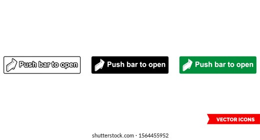 Emergency escape label push bar to open icon of 3 types: color, black and white, outline. Isolated vector sign symbol.