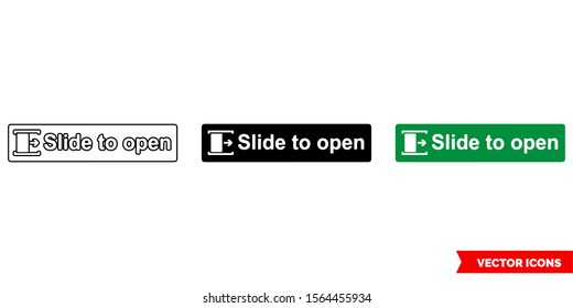 Emergency escape label slide to open icon of 3 types: color, black and white, outline. Isolated vector sign symbol.