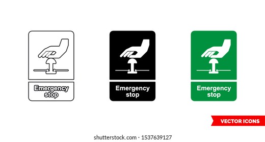 Icono de parada de emergencia del signo de escape de emergencia de 3 tipos: color, blanco y negro, contorno. Símbolo vectorial aislado