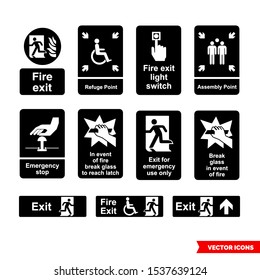 Emergency escape signs icon set of black and white types. Isolated vector sign symbols. Icon pack.