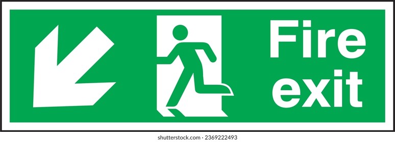 Emergency escape signs escape routes fire exits arrow direction down left.