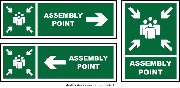 Emergency evacuation assembly point sign bundle, safety gathering point signboard, vector illustration.