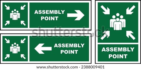 Emergency evacuation assembly point sign bundle, safety gathering point signboard, vector illustration.