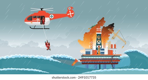 Evacuación de emergencia en helicóptero de petróleo mar adentro con olas altas y tormenta, Plataformas de perforación petrolera en tormenta, Ilustración vectorial.