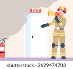 Emergency evacuation in case of fire. Drill, smoke from fire and emergency exit. Uniformed firefighter with megaphone points to open door, vector scene