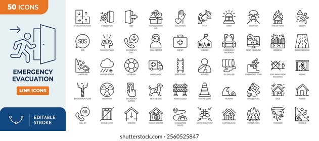 Emergency evacuation editable icon set. set icons related to disasters, evacuation, emergencies, and more