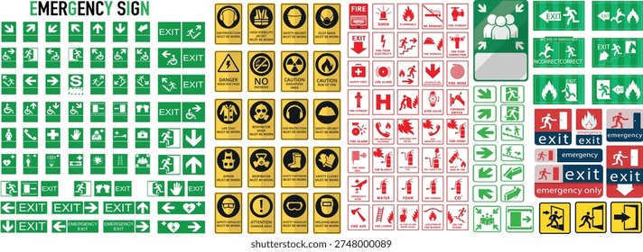 Emergency Evacuation Exit Icons Set with Fire Escape Route and Safe Area Signs