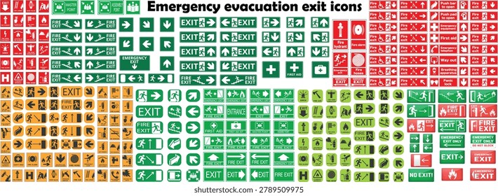 Emergency Evacuation Exit Sign Collection with Fire Escape Direction and Safety Symbol Vector Set