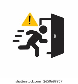 Emergency evacuation. Emergency exit sign, running man icon to door, warning sign plate, warning sign danger icon
