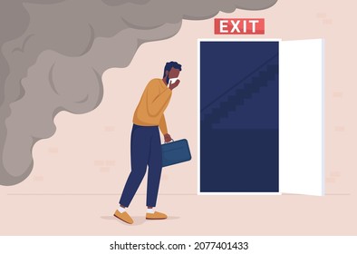 Emergency evacuation from fire flat color vector illustration. Office employee run from smoke. Man escaping emergency situation 2D cartoon character with opened doorway to stairs on background