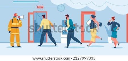 Emergency evacuation procedure, evacuating people burning office building. Firefighter with megaphone, fire safety training vector illustration. Emergency evacuation in doorway, exit and run away