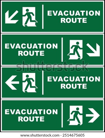 Emergency evacuation route point sign bundle, safety gathering point signboard, vector illustration.